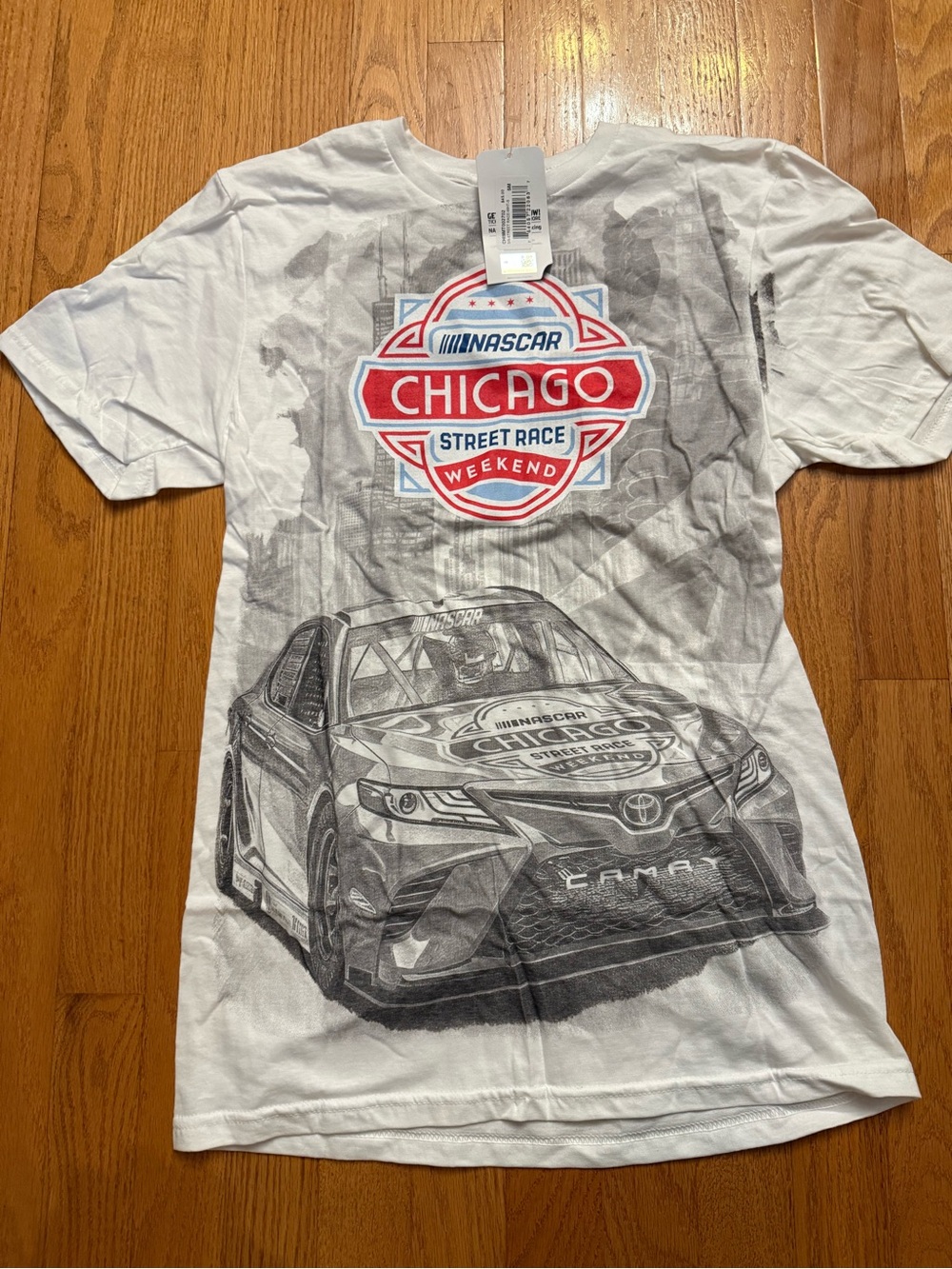 Nascar White Chicago Street Race Weekend Graphic Tee with Red Logo